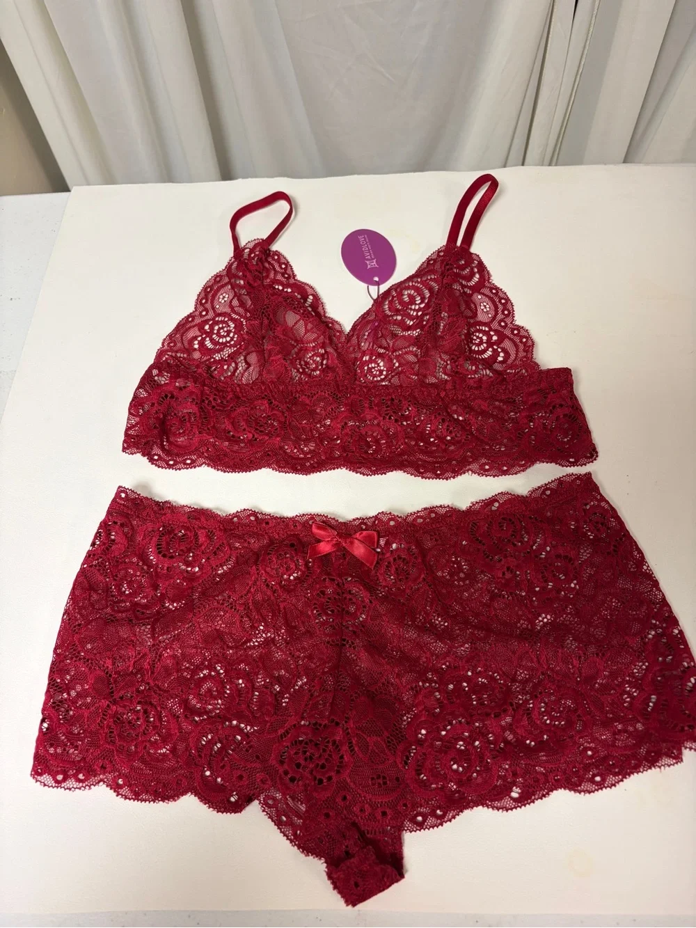 Avidlove Women's Burgundy Floral Lace Bra/Boy Short Panty Set Size M
